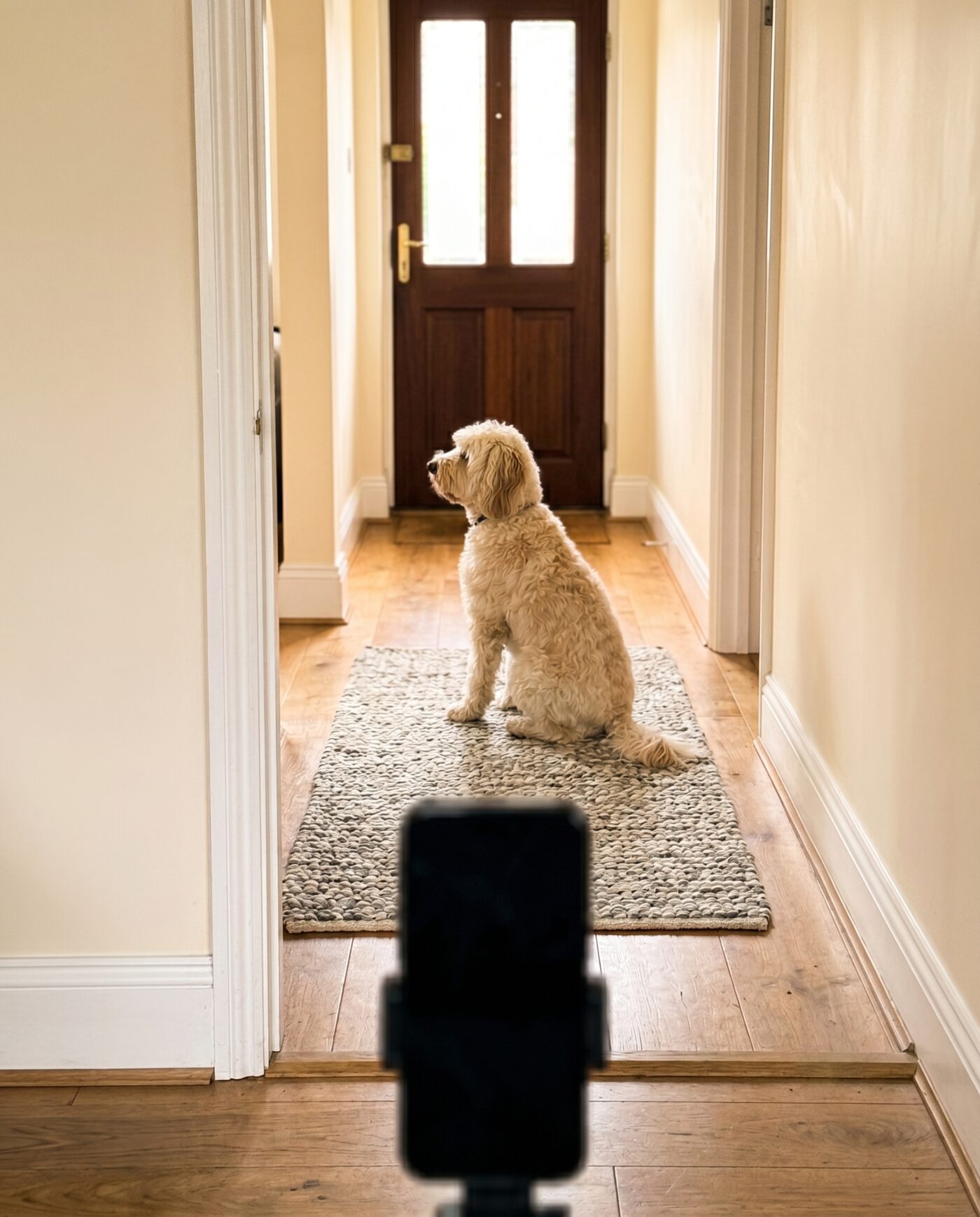 A dog waiting by the front door, photographed from behind.